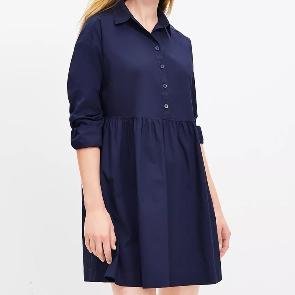 LOFT Women’s Poplin Swing Shirtdress Navy Blue Size Small